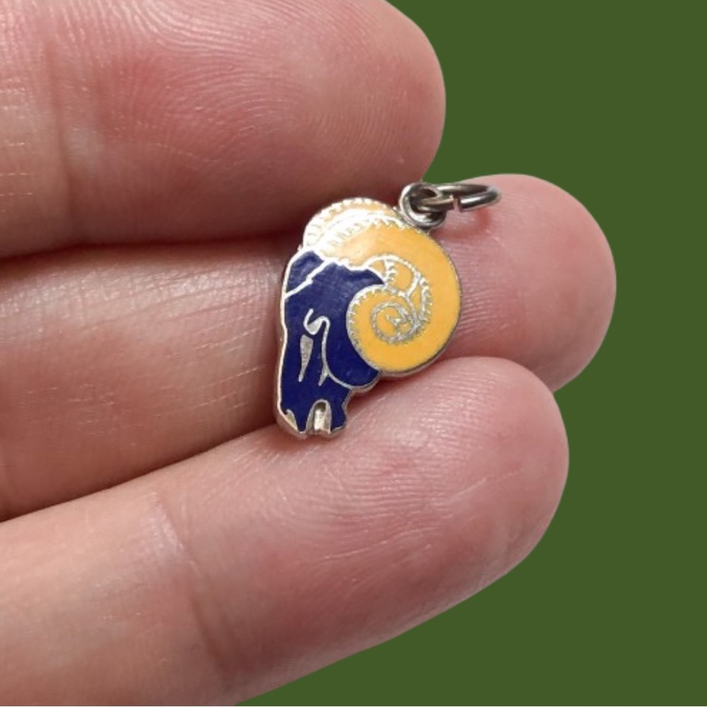 Vintage enamel & silver metal blue & yellow ram head pendant charm